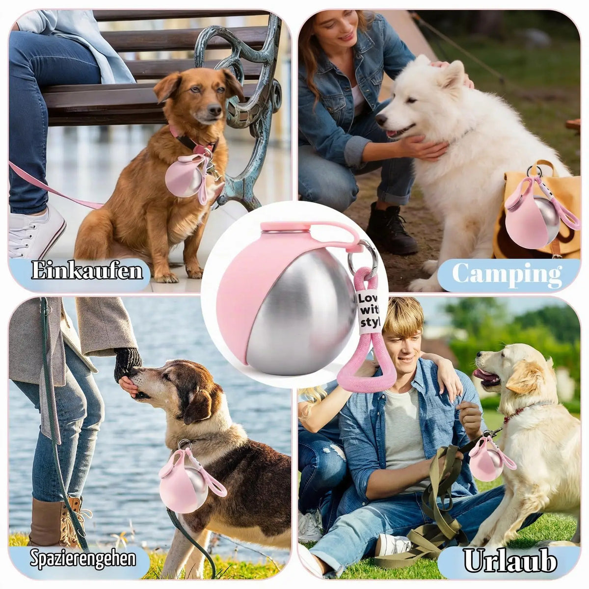 304 Stainless Steel Dog Water Bottle for Walking Pet Water Dispenser with Foldable Silicone Bowl Portable Dog Water Bottle Travel - Curl and Collar