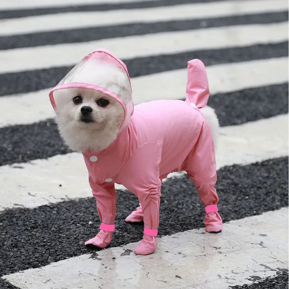Waterproof Dog Clothes Small Dog Raincoat with Rain Shoes Boots Overalls Jumpsuit Pet Cat Puppy Rain Coat with Transparent Hood