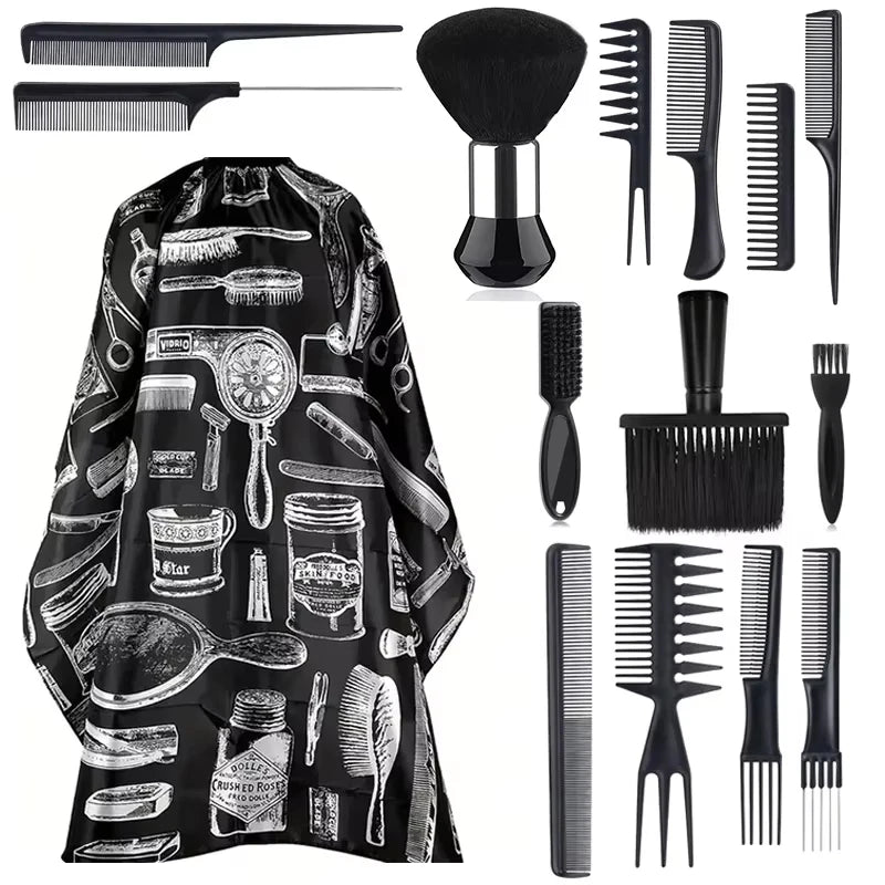 15Pcs Barber Cape Set Vintage Print Hair Cutting Salon Cloak Adjustable Neck Buckle Barber Hair Brushes Combs Kit Professional Hairdressing Barber Shop Styling Tools - Curl and Collar