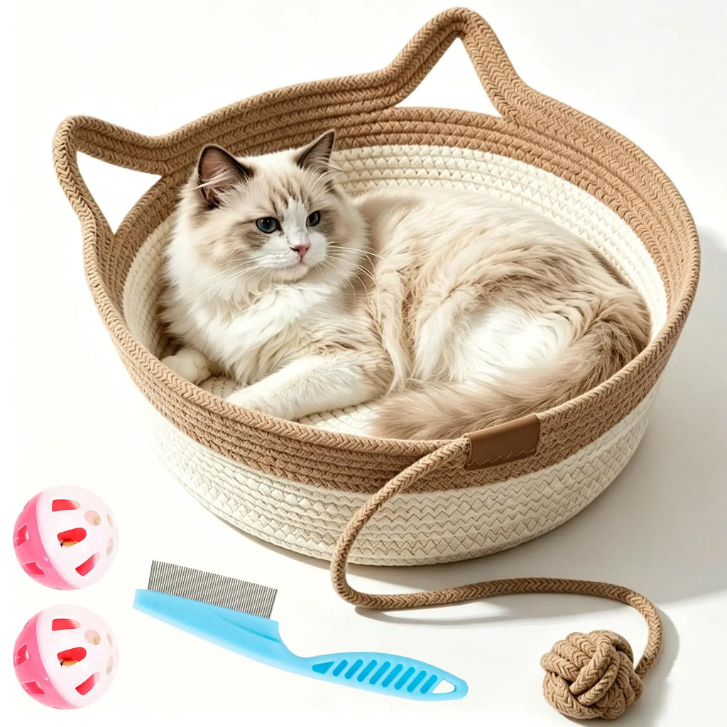 Cat Instinct Basket - Hand-woven Cotton Rope Fun Bed, Equipped with a Toy Tail, Suitable for Scratching and Interactive Pet