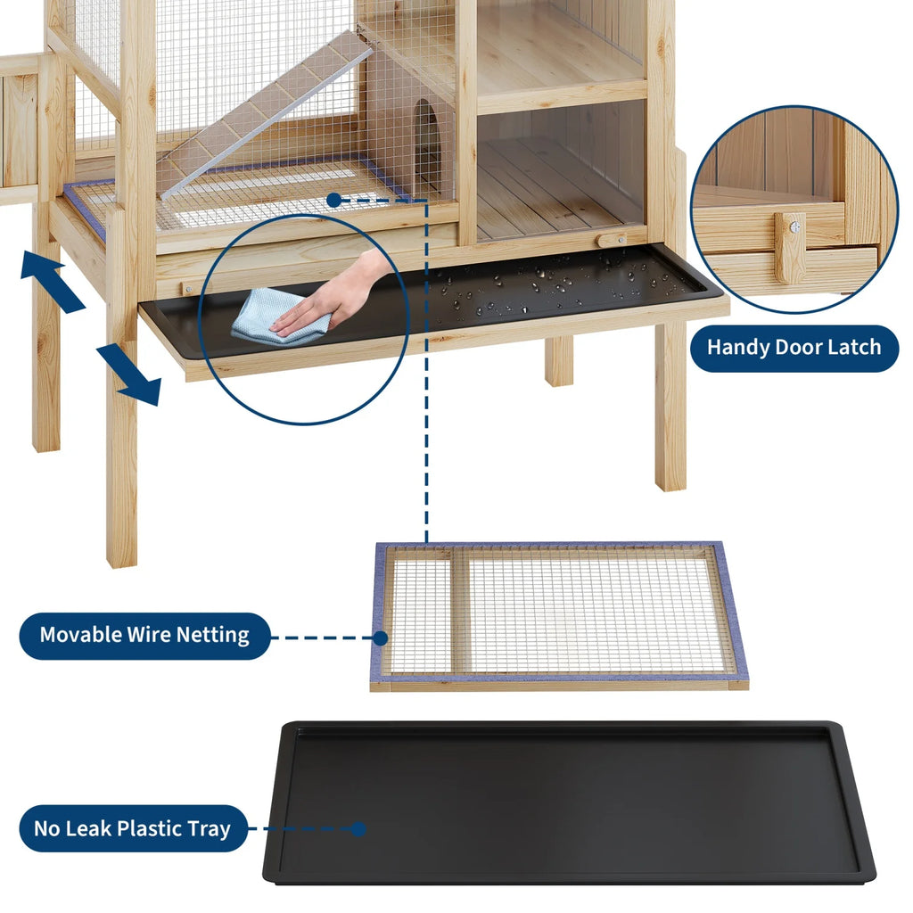Wooden Guinea Pig Cage Indoor with Stand, 38" 2-Story Rabbit Hutch w/Ramp & Hideout, Clear Vision, Leak-Proof Pull-Out Tray, Lockable Door, Bunny Hamster Habitat - Curl and Collar