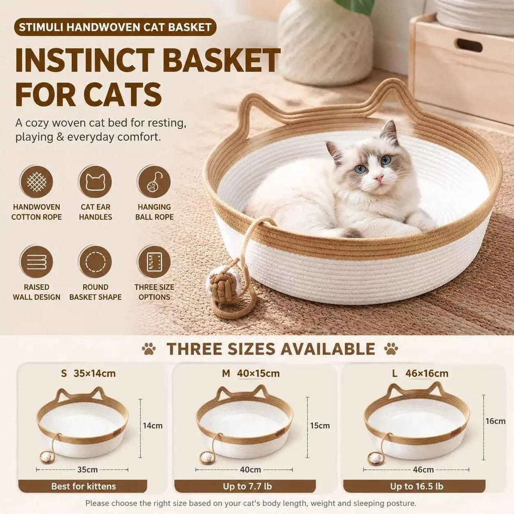 Cat Instinct Basket - Hand-woven Cotton Rope Fun Bed, Equipped with a Toy Tail, Suitable for Scratching and Interactive Pet