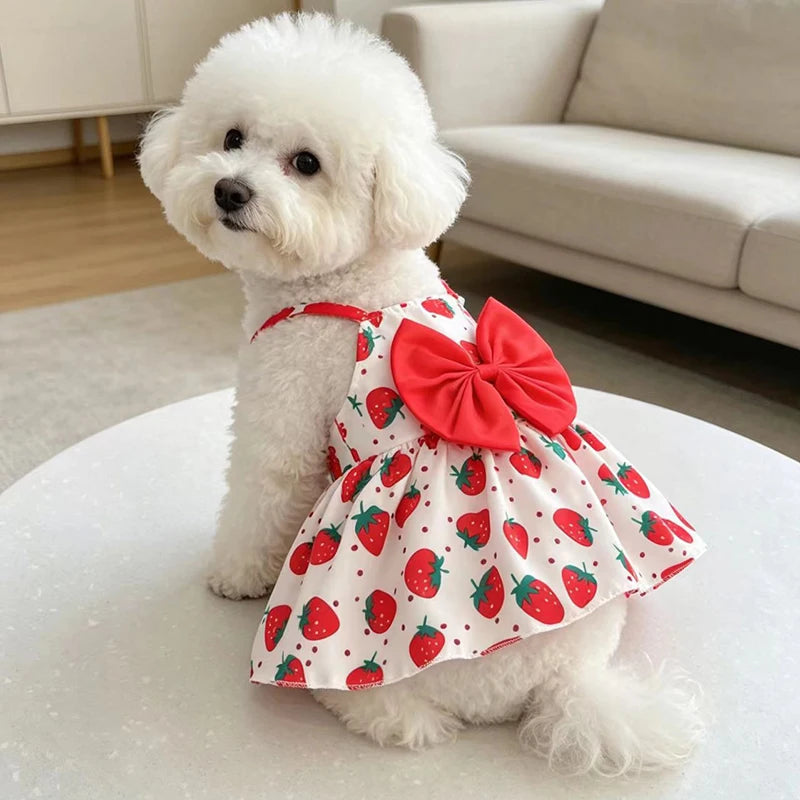 Puppy Summer Dress Dog Cat Princess Dress Pet Clothes for Small Medium Dogs Printed Bow Kitten Dog Skirt Yorkshire Teddy Apparel - Curl and Collar