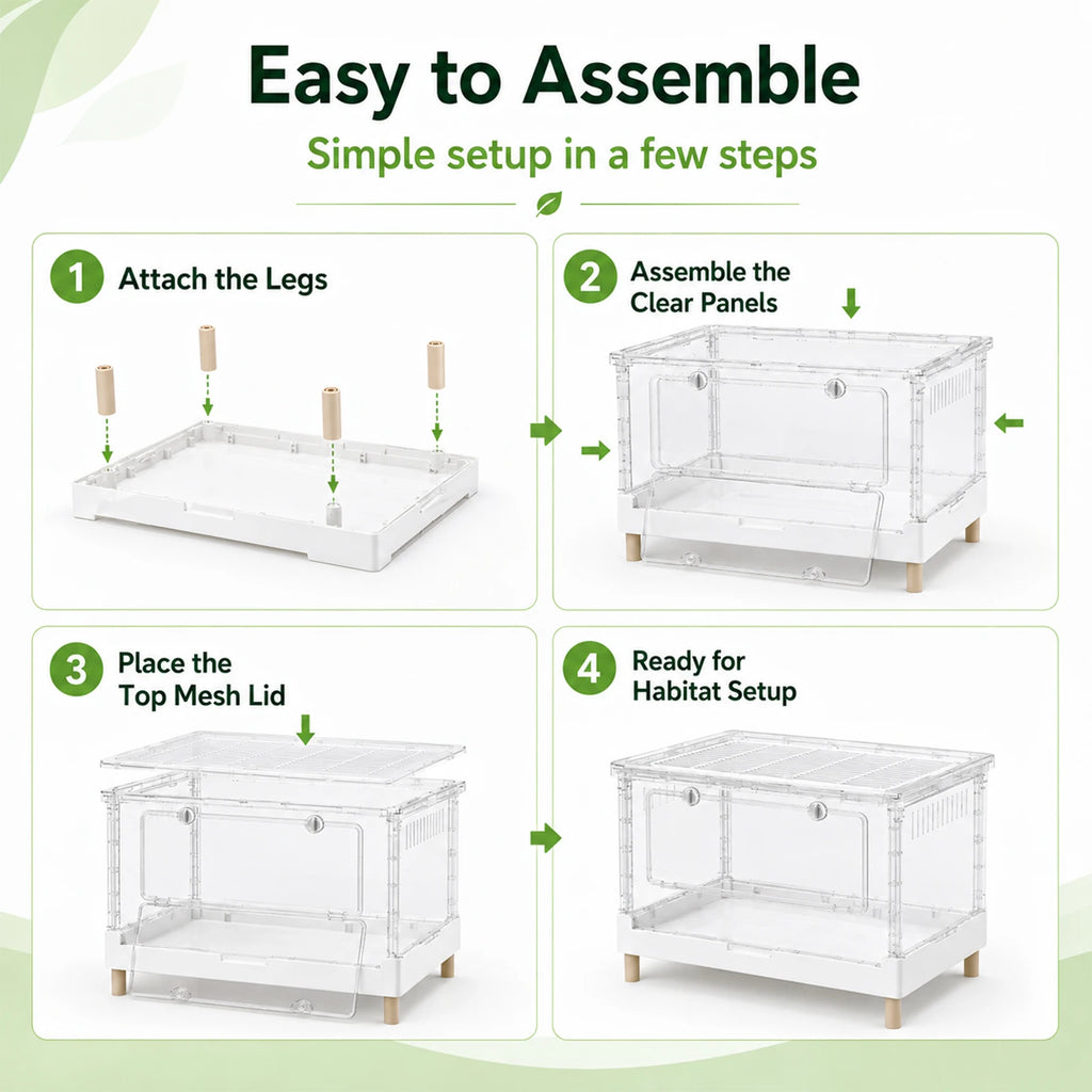 Foldable Acrylic Reptile Terrarium, Clear Ventilation Habitat Cage with Front Opening Door, Portable Collapsible Terrarium Box for Pets, Suitable for Frogs, Amphibians, Reptilians, Arachnids, Tortoises, Hamsters and Small Ani - Curl and Collar