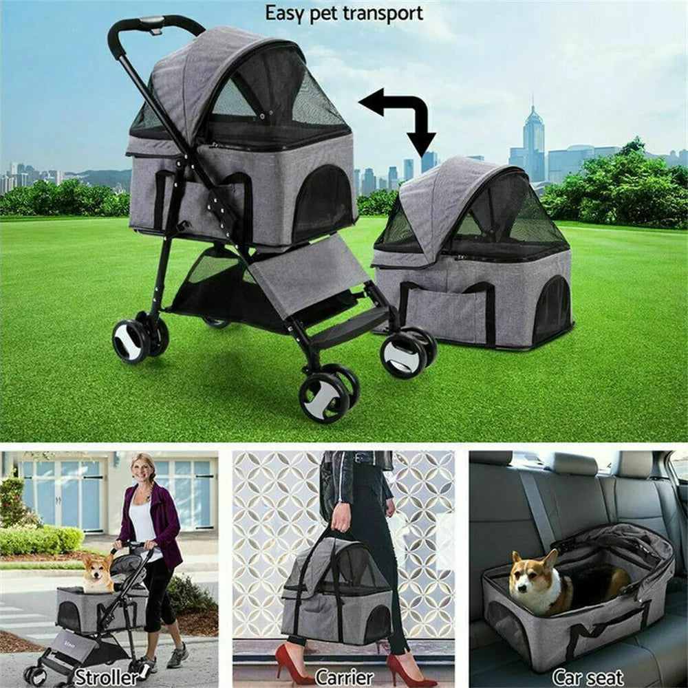 Pet Dog Stroller Foldable Travel Carrier Strolling Cart Cat Dog Pushchair Jogger Dog Pram Cat Buggy with 4 Wheels and Rain Cover - Curl and Collar