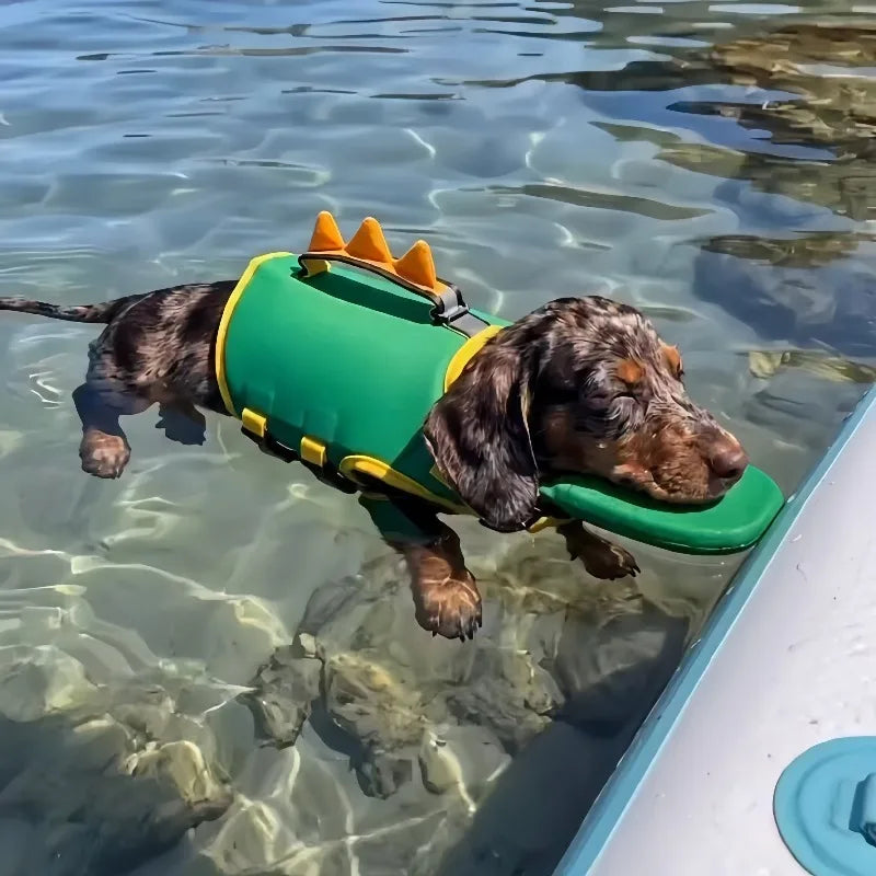 Dinosaur Shape Dog Life Jacket Summer High Buoyancy Pet Swimming Vest Outdoor Float Clothes for Medium Small Dogs - Curl and Collar