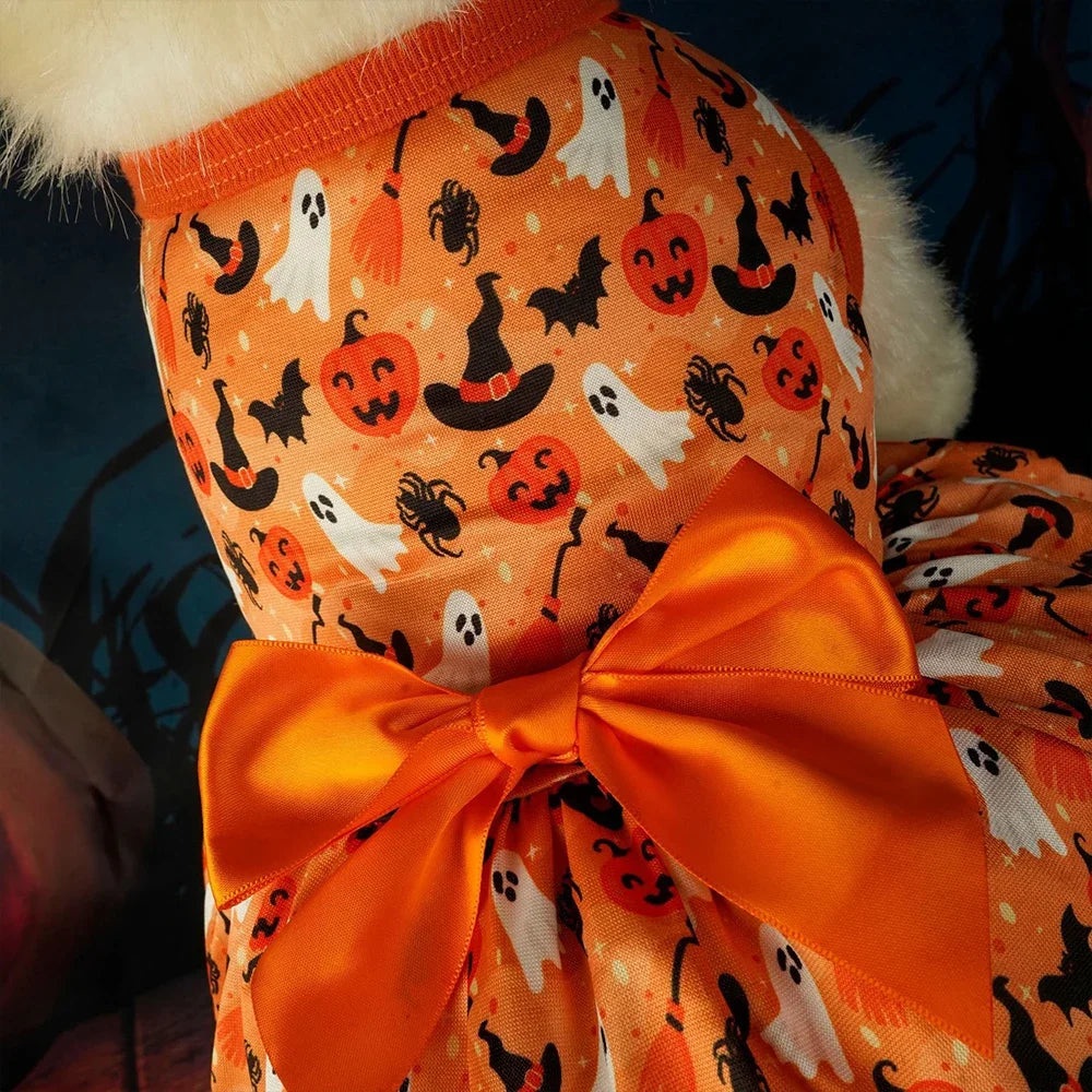 Halloween Dog Clothes Dresses For Dogs Bowknot Pumpkin Bat Print Puppy Dress Summer Sleeveless Party Dress Costume for halloween - Curl and Collar