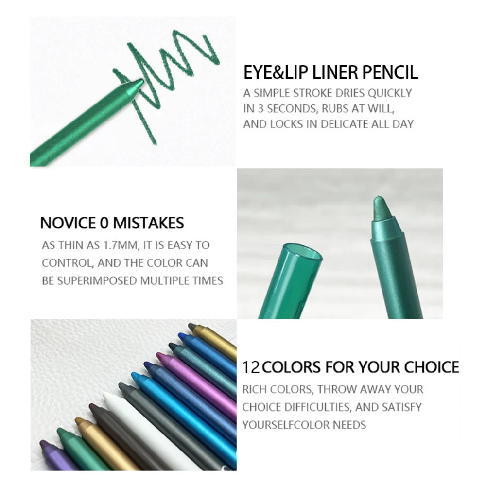 12 Pcs Set of Waterproof Eyeliner Pens with Shimmering Effects - Includes Eyeshadow Durable and Easy to Color Highlighter - Curl and Collar