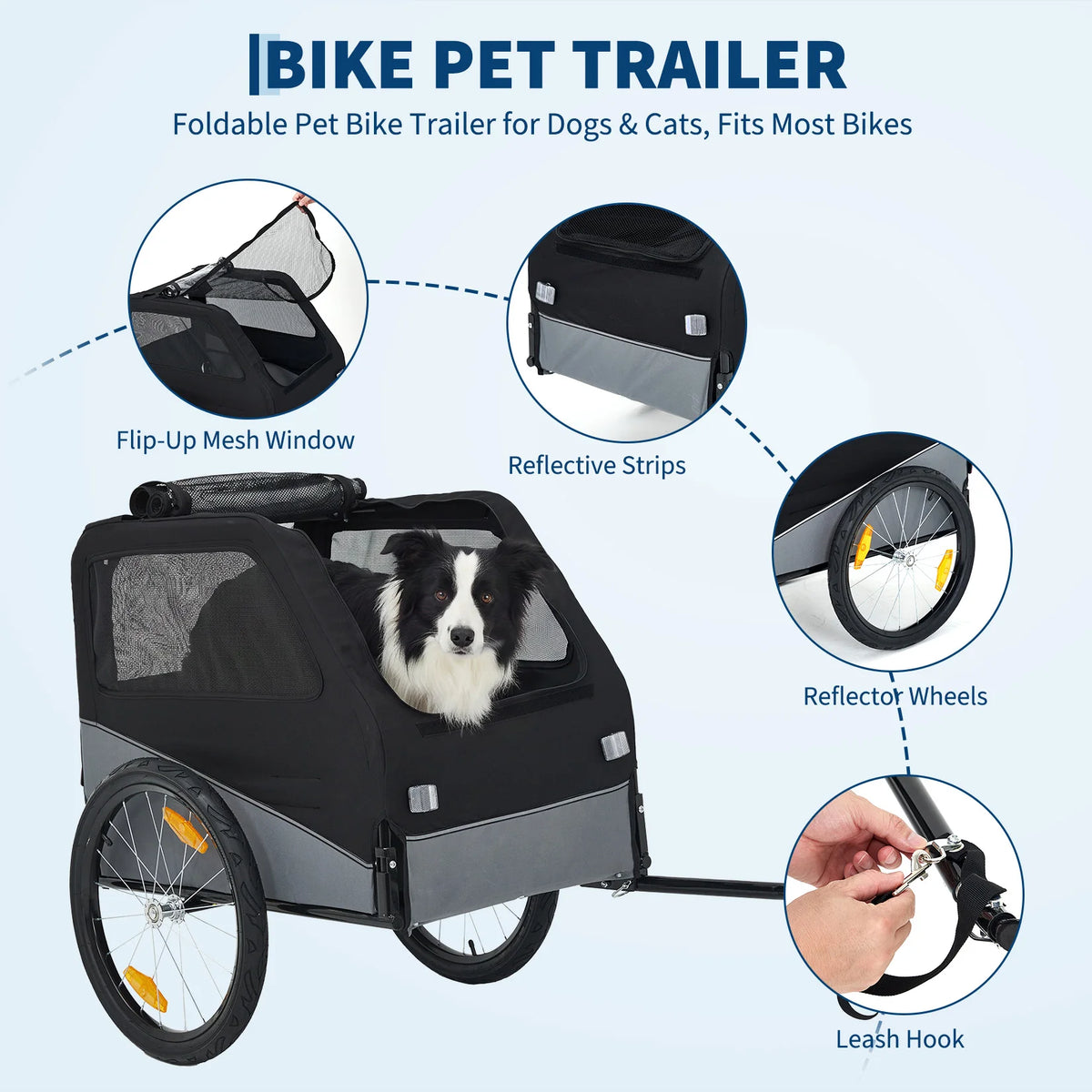 Foldable Dog Bike Trailer, Heavy Duty Steel Frame Pet Bike Carrier, 100 LBS Capacity Oxford Fabric Dog Carrier Bicycle Trailer with Mesh Window Reflectors for Medium Large Dogs & Cats, Black - Curl and Collar