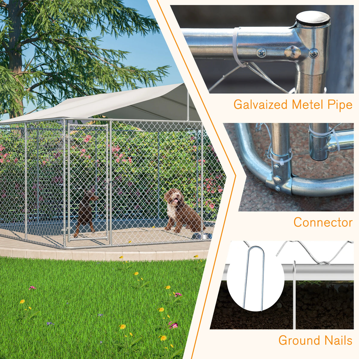 14.8x14.8x7.6 ft Heavy Duty Galvanized Steel Outdoor Dog Kennel with Waterproof UV Cover Lockable Gate Playpen for Large Pets - Curl and Collar