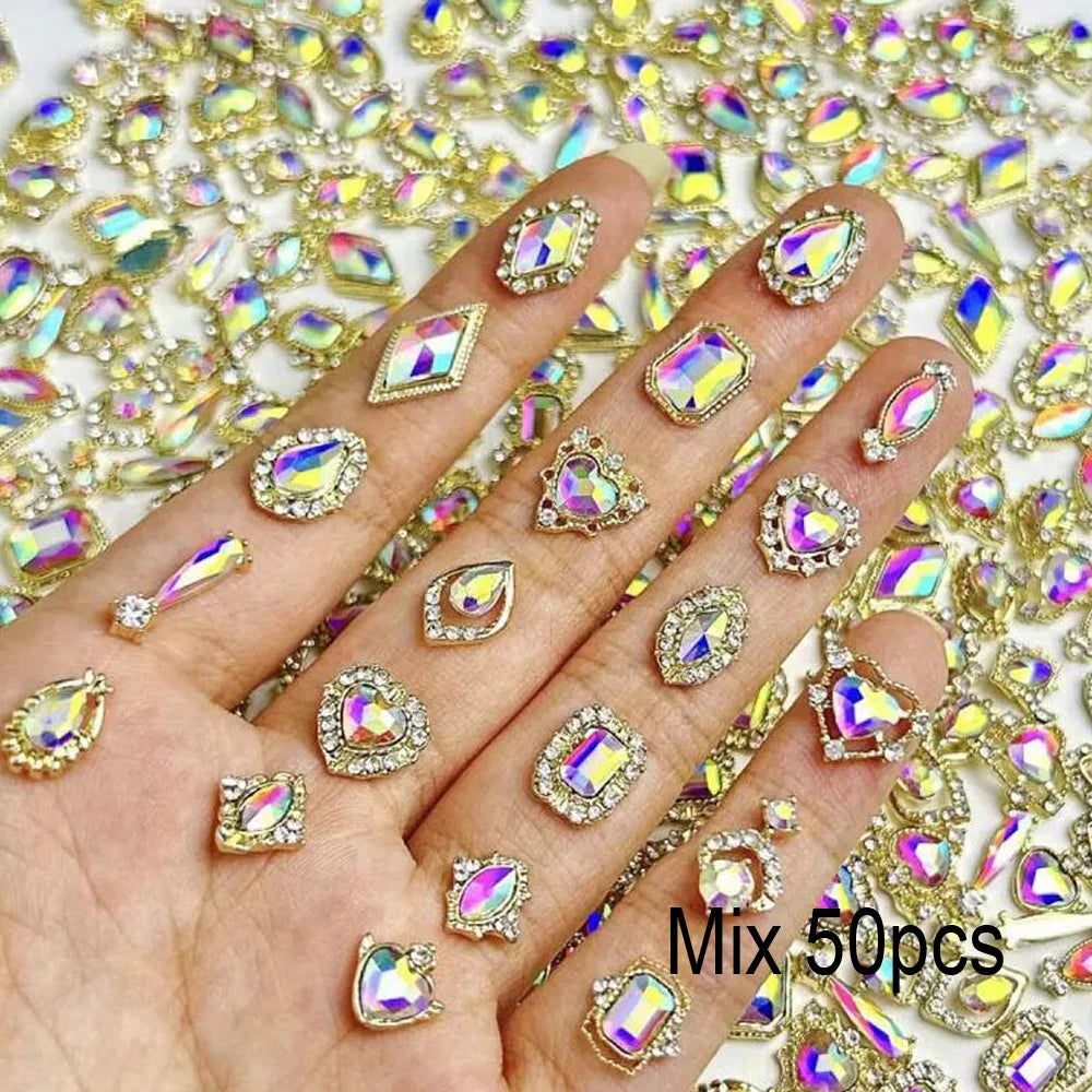 50Pcs 3D Mixed Luxury AB Alloy Nail Art Charms with Heart/Drop/Square/Rhombic Gem Nails Decoration DIY Crafts Manicure Accessory - Curl and Collar