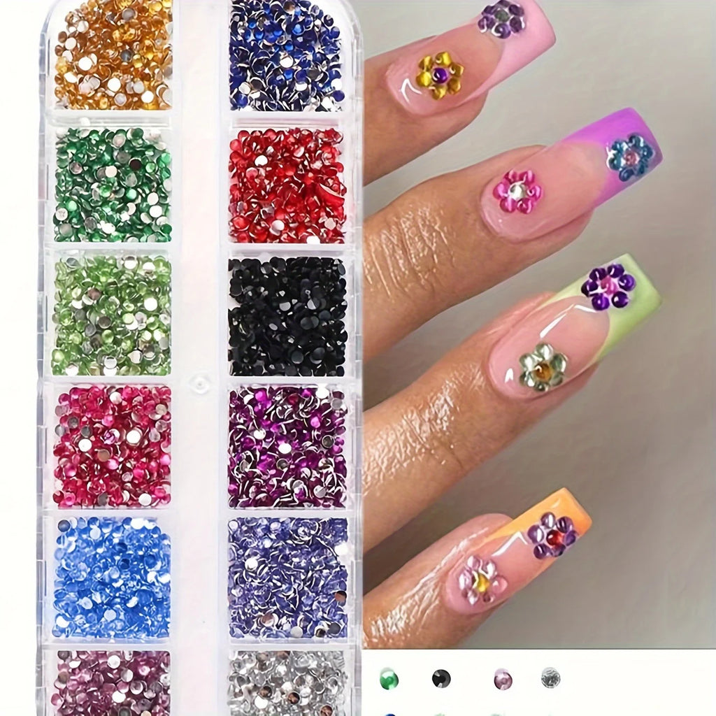 12 Grid Shimmering Crystal Nail Art Rhinestones - Flatback Gemstones for Versatile Decoration - Adorns Nails Shoes Makeup Bags - Curl and Collar