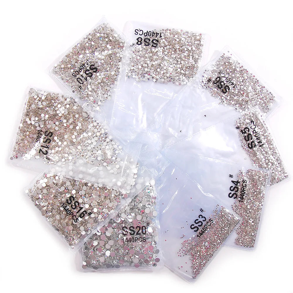 SS3-40 Clear White AB Crysta FlatBack Glass Rhinestones Non-HotFix for Nail Art Decorations Flat Back Crystal - Curl and Collar