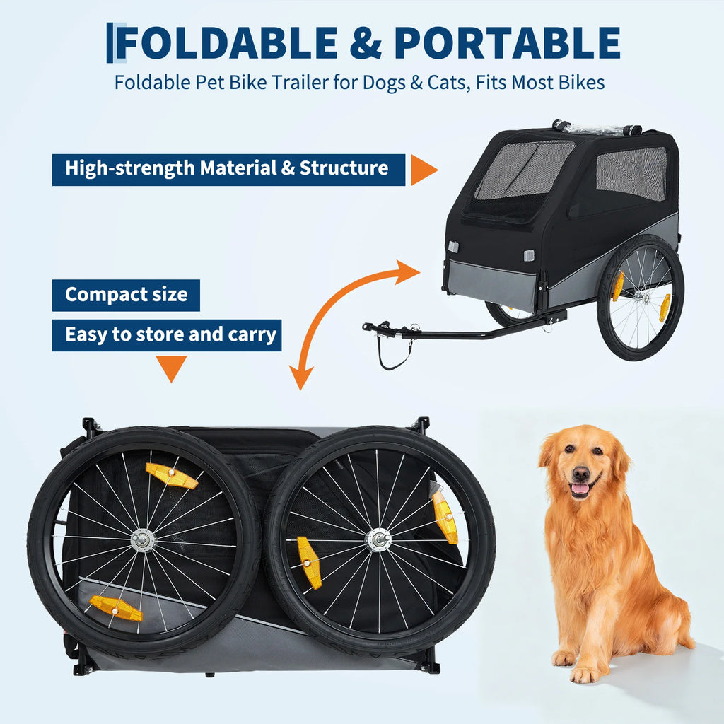 Foldable Dog Bike Trailer, Heavy Duty Steel Frame Pet Bike Carrier, 100 LBS Capacity Oxford Fabric Dog Carrier Bicycle Trailer with Mesh Window Reflectors for Medium Large Dogs & Cats, Black - Curl and Collar