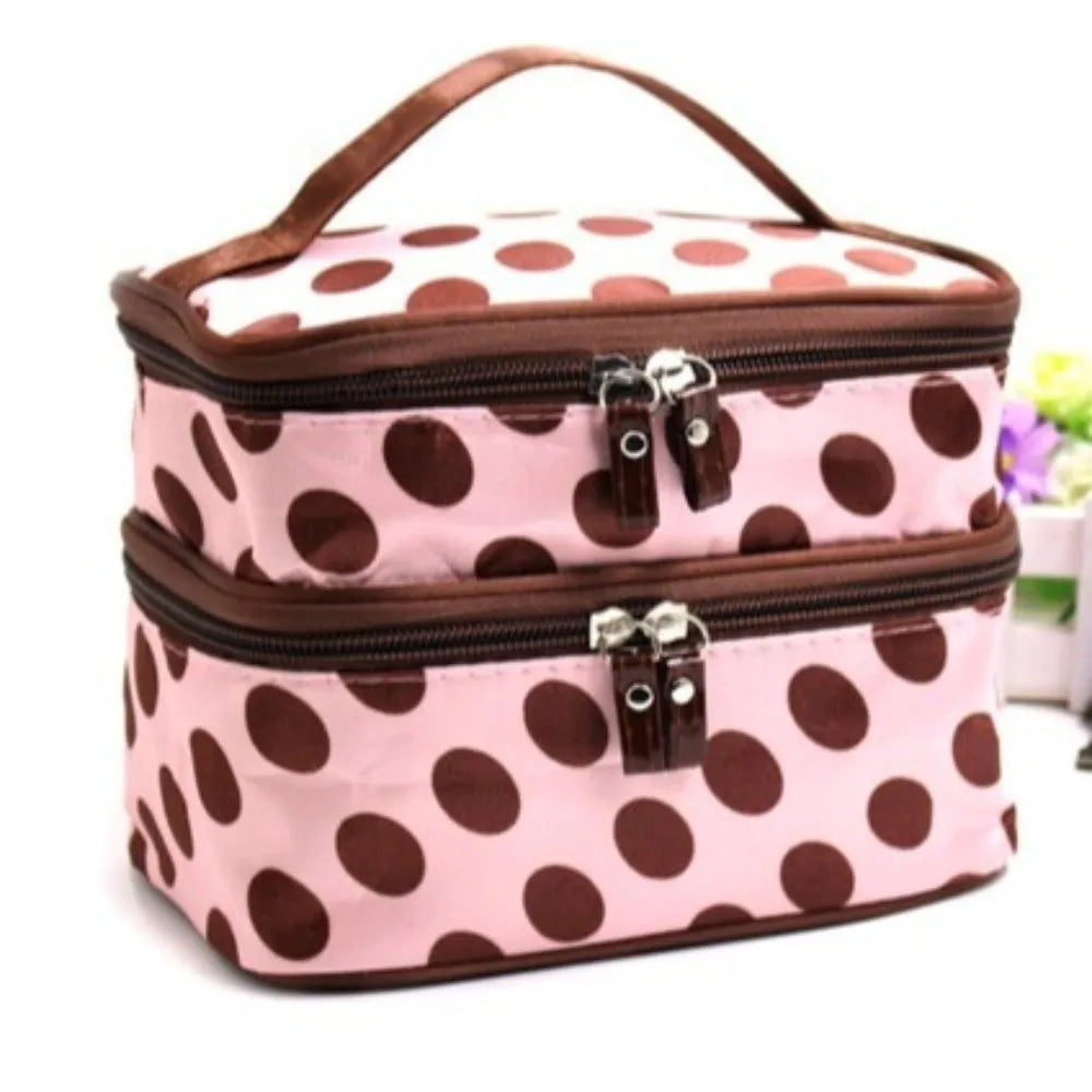 Fashion Double-layer Makeup Bag Polka Dots Portable Toiletry Bag Large Capacity Travel Makeup Case - Curl and Collar