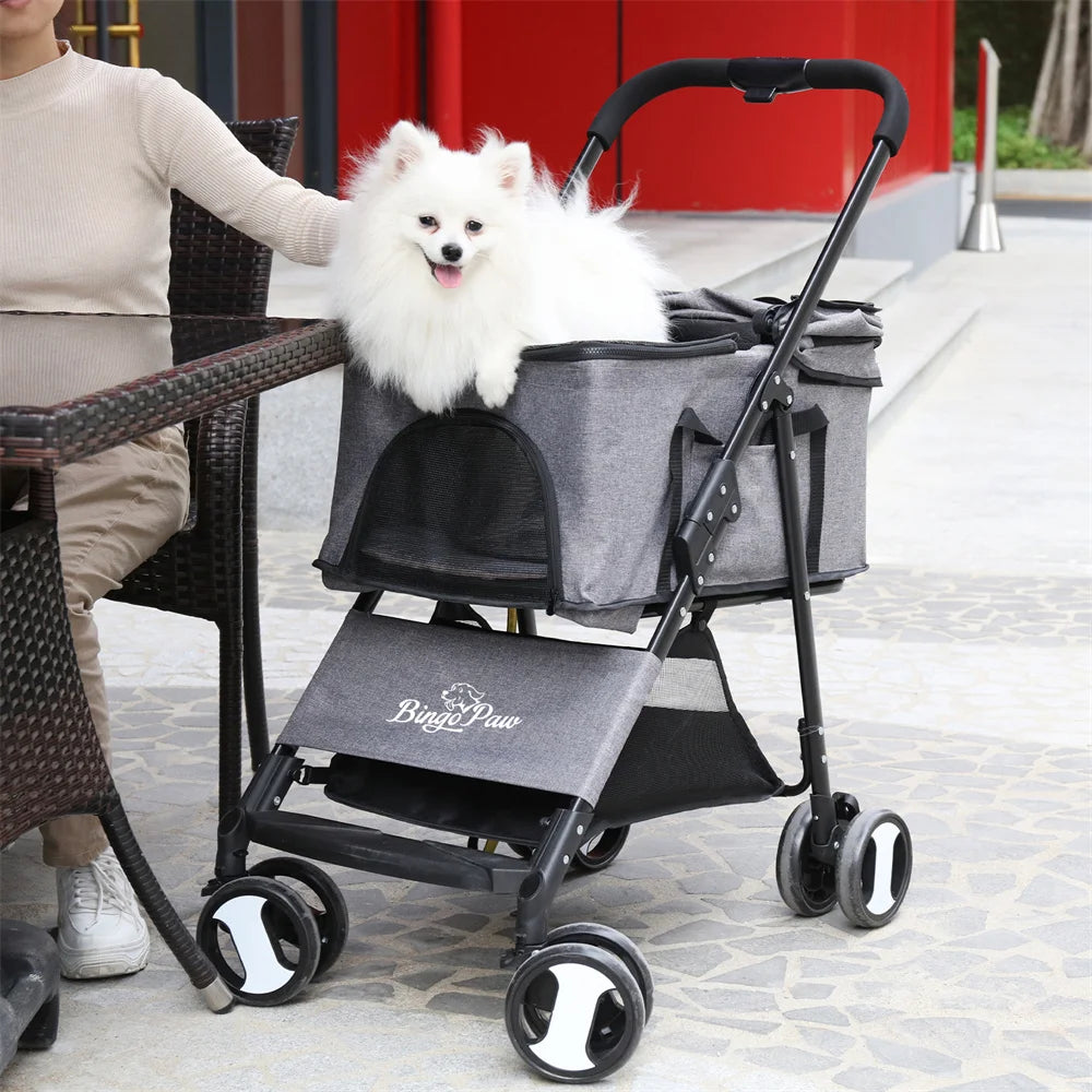 Pet Dog Stroller Foldable Travel Carrier Strolling Cart Cat Dog Pushchair Jogger Dog Pram Cat Buggy with 4 Wheels and Rain Cover - Curl and Collar