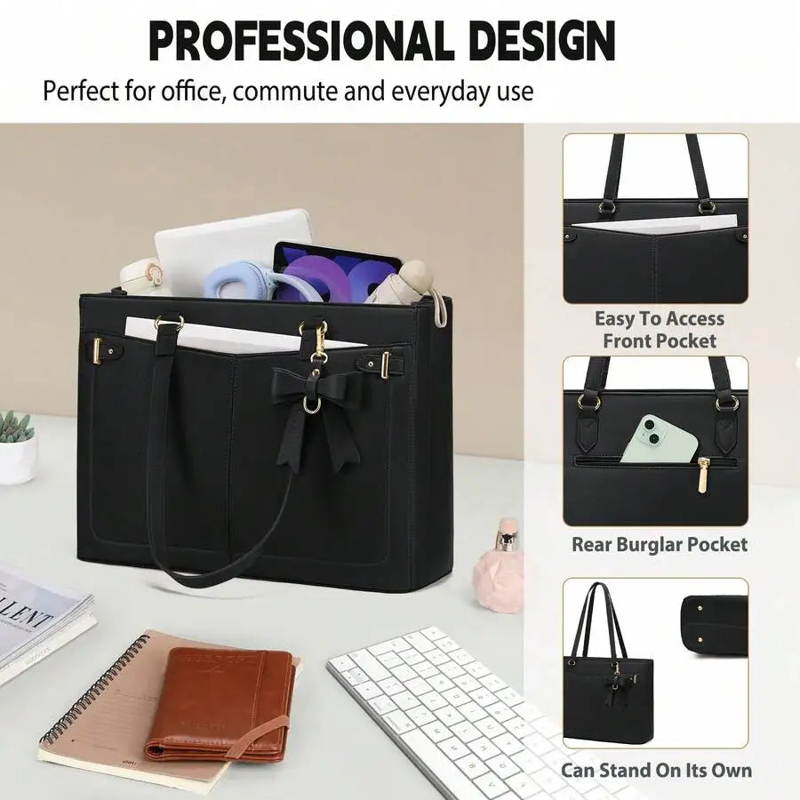 NEWHEY Women's Handbag, Large Capacity PU Laptop Tote Bag, 14inch Waterproof, with Zipper Pocket - Curl and Collar