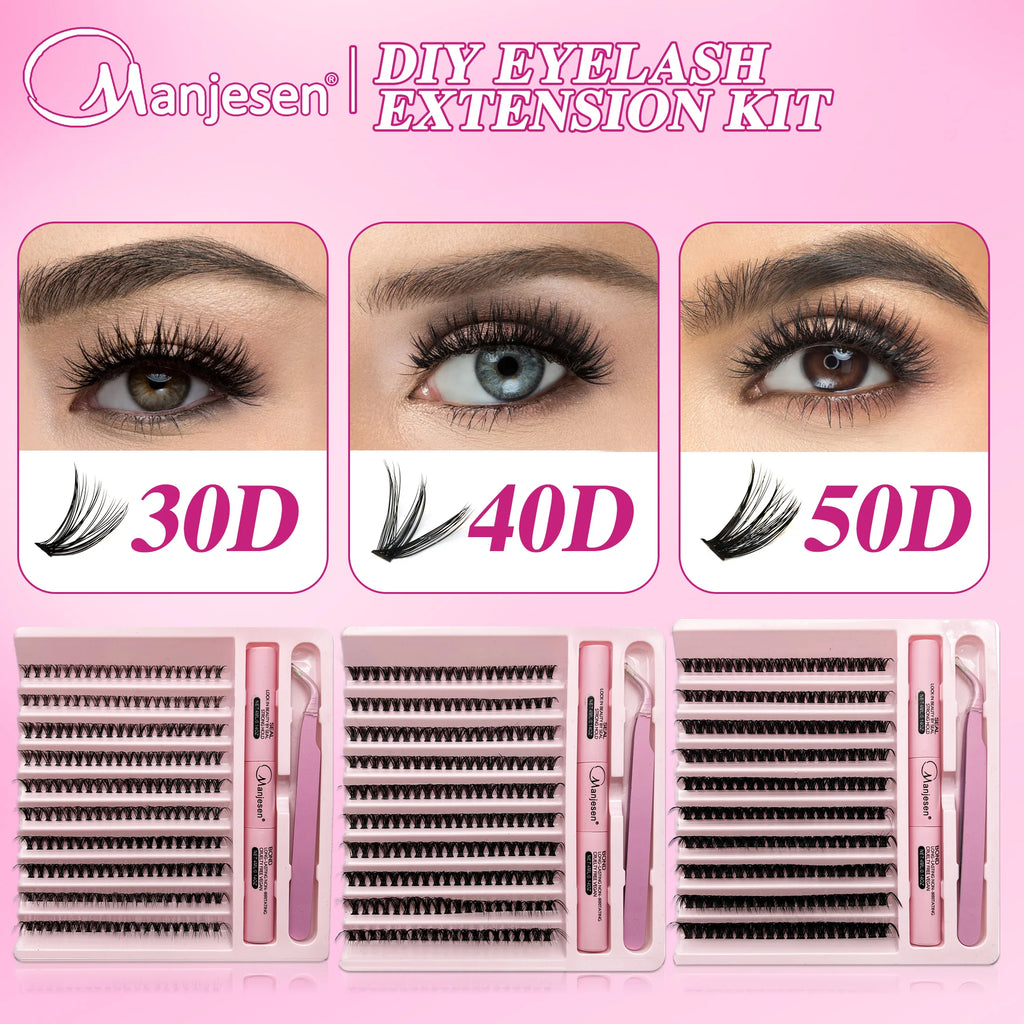 LASHVNNA Lash Clusters Kit With Waterproof Strong Hold DIY Lash Extension Kit Lash Bond And Seal And Eyelash Tweezers Makeup - Curl and Collar