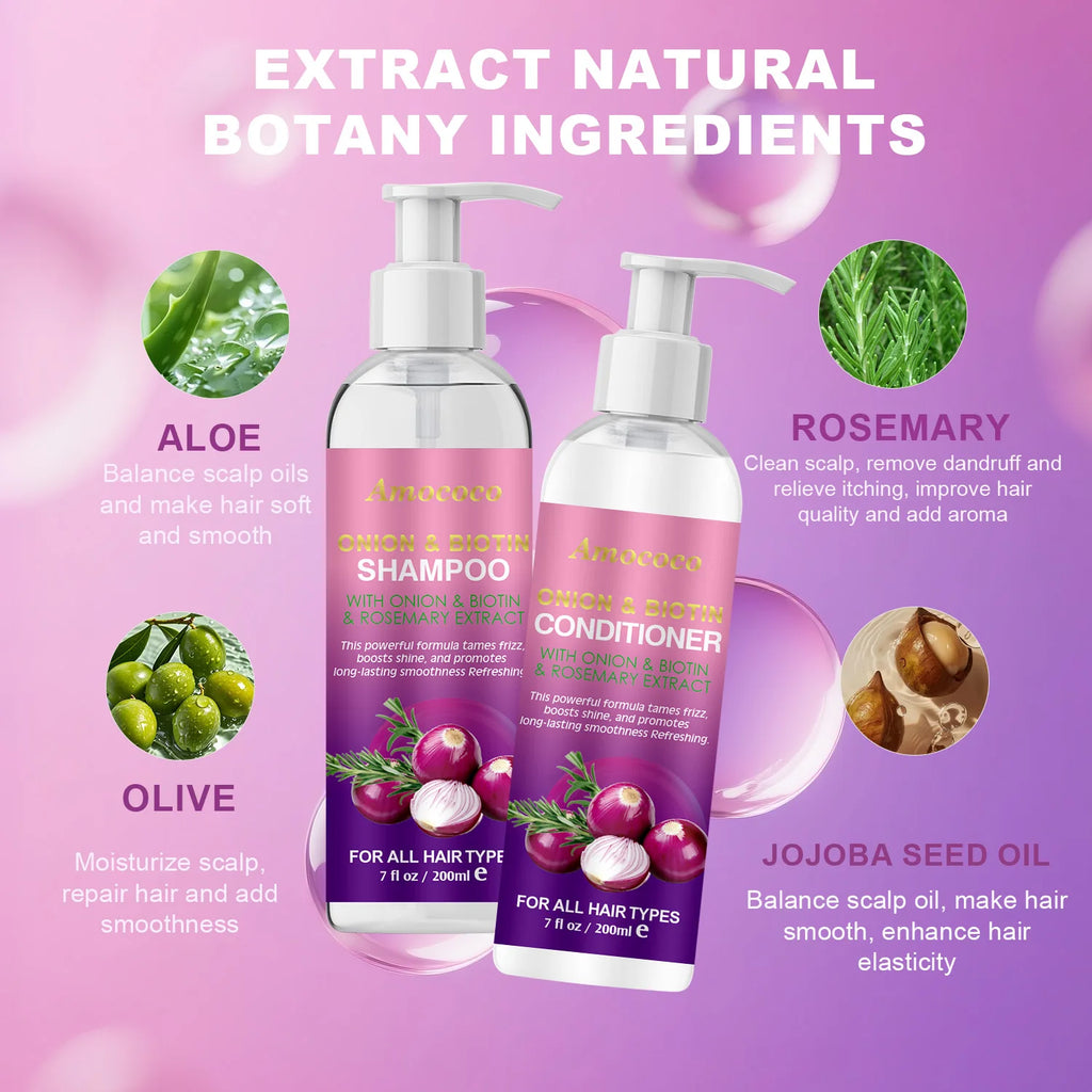 Amococo 2pcs X 200ml Shampoo and Conditioner Set with Onion Biotin Rosemary Hair Care Duo for All Hair Types Frizz Control Shine Boosting Sulfate Free - Curl and Collar