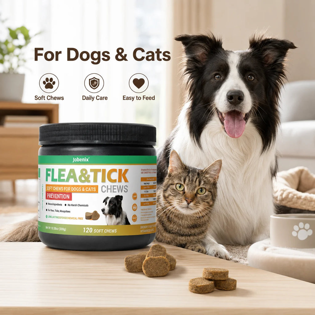 Flea & Tick Soft Chews for Dogs and Cats Skin & Coat Health Support Pet Nutritional Supplement 120 Chews - Curl and Collar