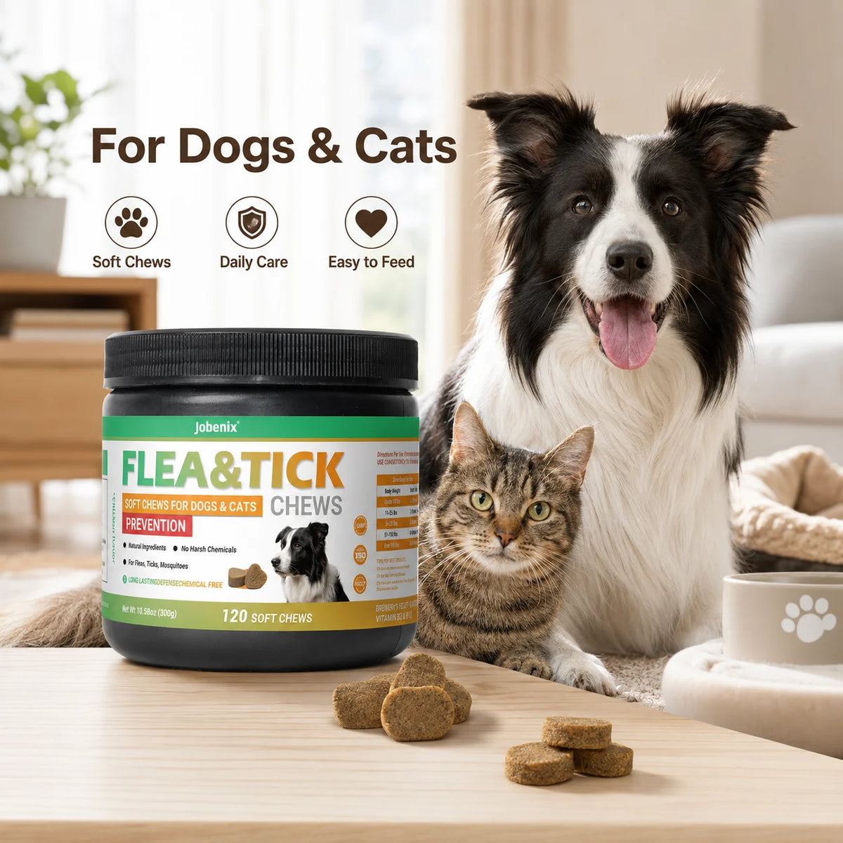 Flea & Tick Soft Chews for Dogs and Cats Skin & Coat Health Support Pet Nutritional Supplement 120 Chews - Curl and Collar