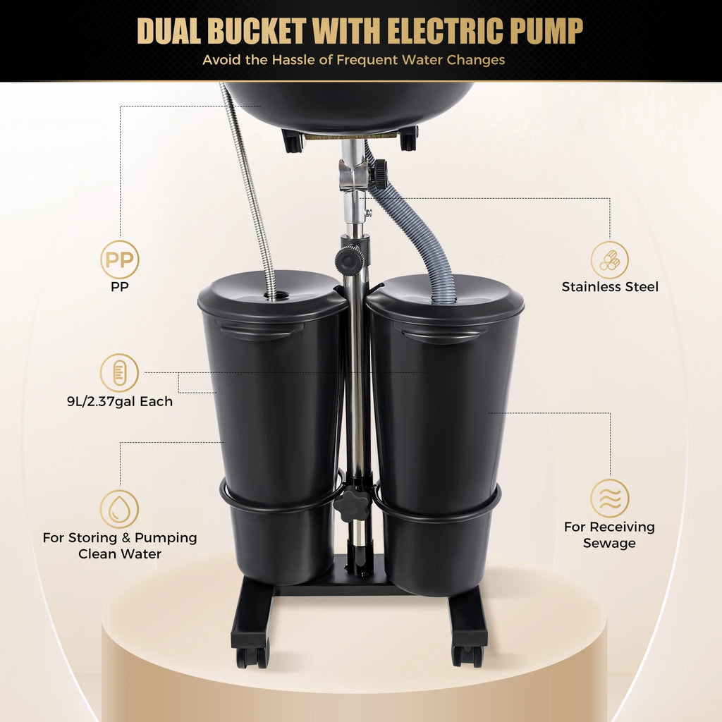 Portable Shampoo Basin with 2 Water Buckets, 30cm Deep Salon Hair Washing Sink, Adjustable Height Angle Mobile Shampoo Bowl Unit - Curl and Collar