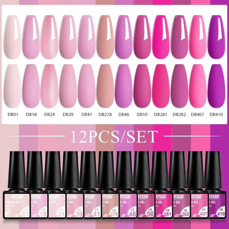 MTSSII 12pcs Gel Nail Polish Set Nude Pink Red Glitter Semi Permanent Soak Off UV Gel Varnish Manicure Kit Nail Supplies DIY - Curl and Collar