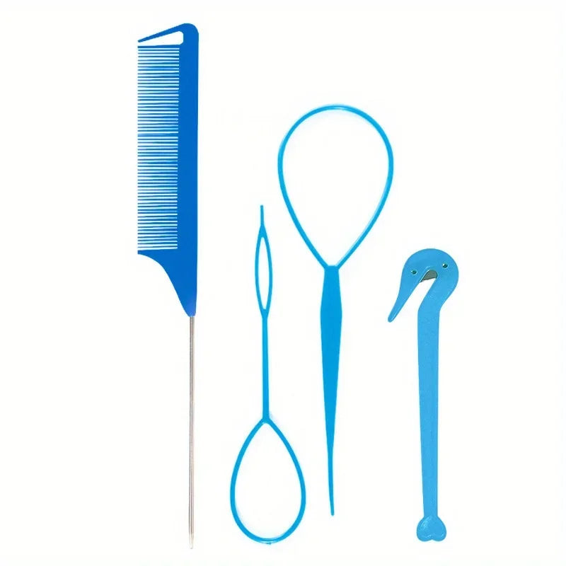 4-piece WANMEI Headband Tool, Hair Braiding Tool with Mouse Tail Comb, Ponytail Headband Remover, Quick Styling Hair Accessory - Curl and Collar