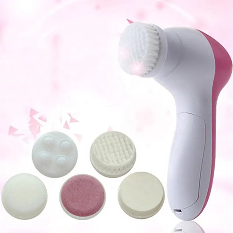 Electric Facial Cleaner 5 IN 1 Face Cleansing Brush Wash Machine Spa Skin Care Massager Blackhead Cleaning Facial Cleanser Tools - Curl and Collar