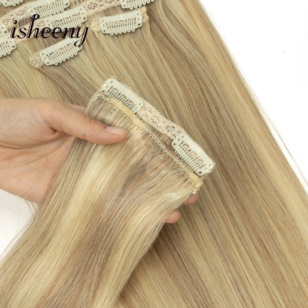 12"-20" Clip In Human Hair Extensions Blonde Natural Brazilian Remy Natural Clip Human Hair Extension Real Clip On 7pcs/set - Curl and Collar