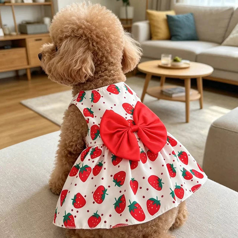 Puppy Summer Dress Dog Cat Princess Dress Pet Clothes for Small Medium Dogs Printed Bow Kitten Dog Skirt Yorkshire Teddy Apparel - Curl and Collar