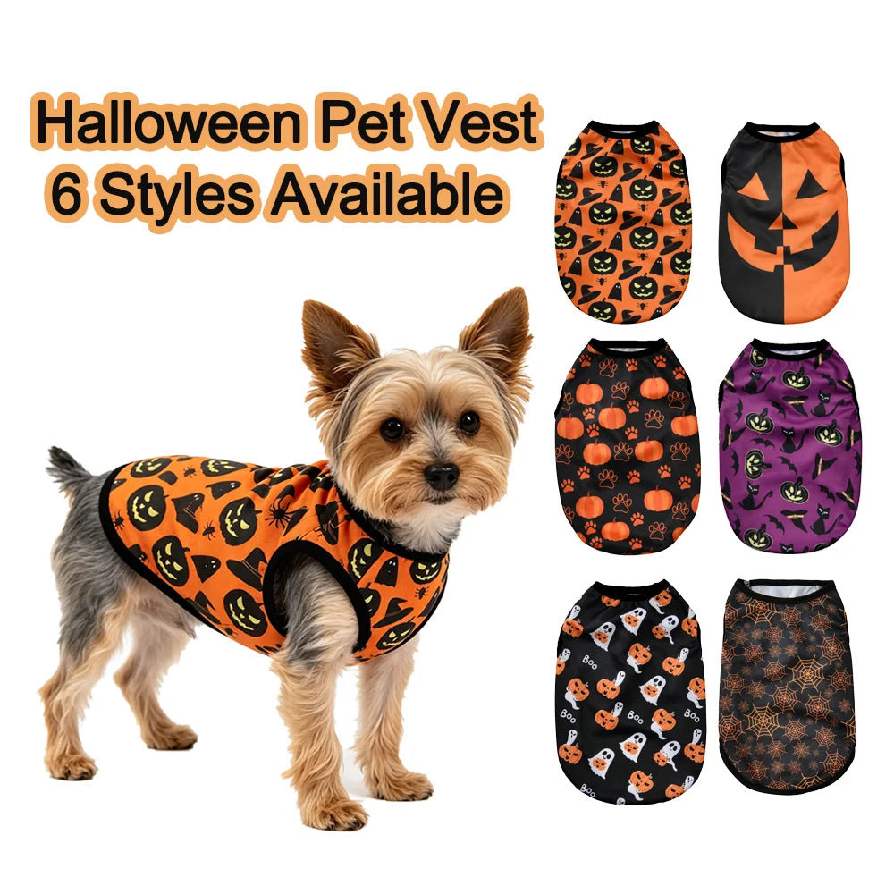 Halloween Pet Vest for Small Medium Dogs Cats Autumn Winter Costume Pumpkin Print Cosplay Outfit Chihuahua Pug French Bulldog - Curl and Collar