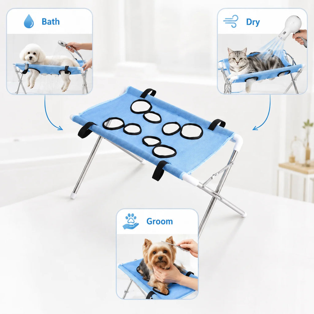 Pet Bathing Hammock Stand Foldable Dog Cat Grooming Drying Table Breathable Mesh Bath Helper for Small Pets - Curl and Collar