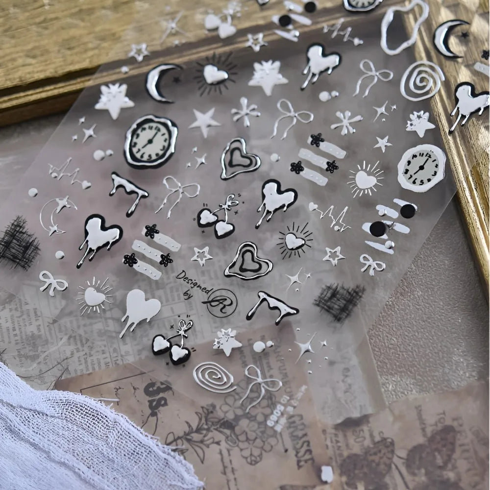 5D Silver Nail Art Stickers – Bow, Heart, Moon & Star 3D Metal Nail Decals for DIY Manicure - Curl and Collar