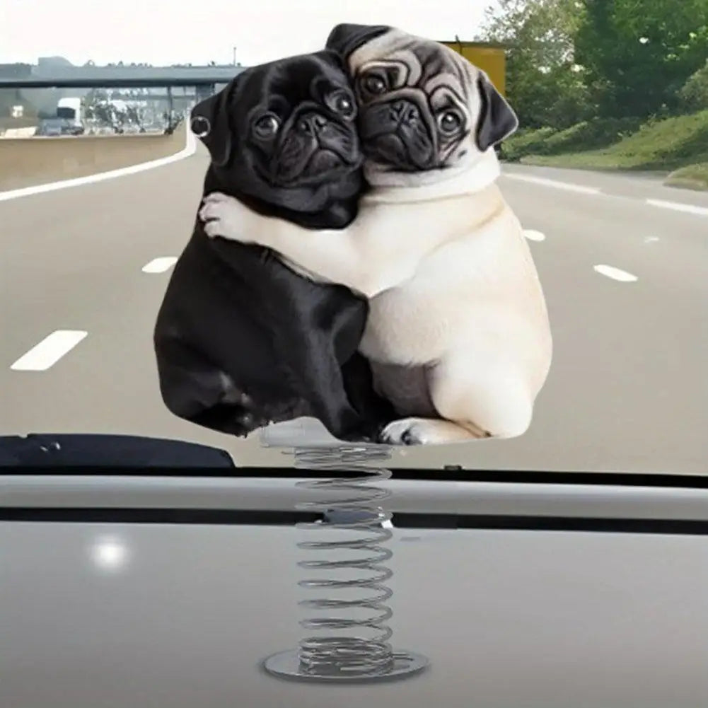 1Pcs Cute 2D Pug Car Ornaments Kawaii Reading Dog Car Panel Dashboard Spring Toys Decor Creative Accessories Gift - Curl and Collar