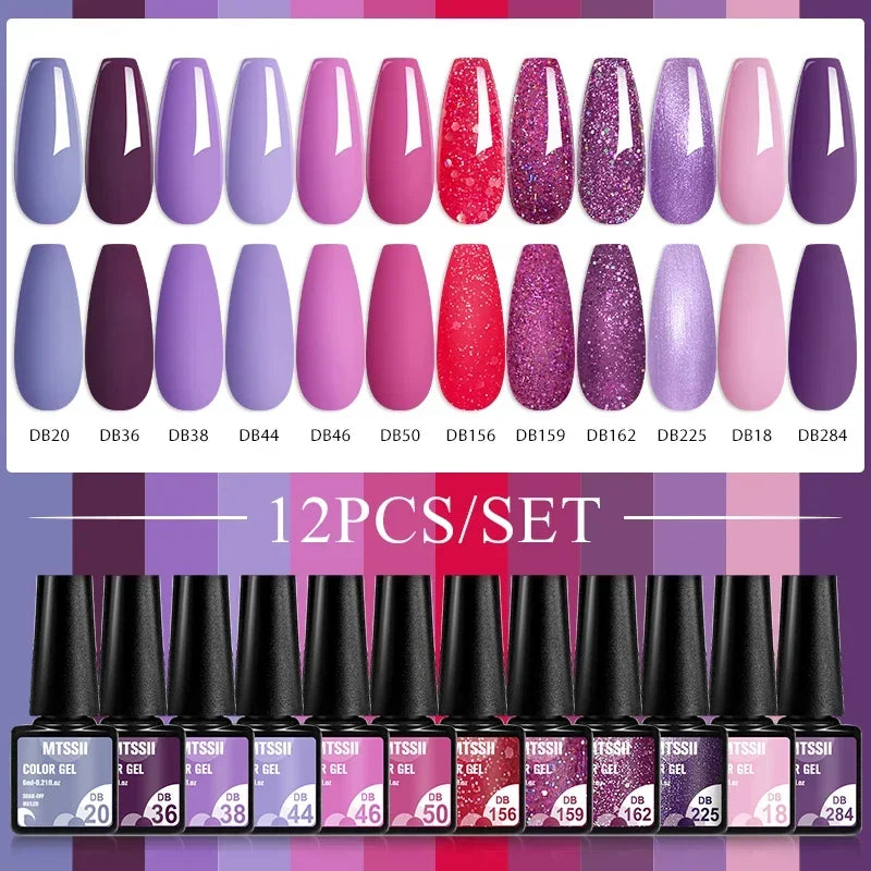 MTSSII 12pcs Gel Nail Polish Set Nude Pink Red Glitter Semi Permanent Soak Off UV Gel Varnish Manicure Kit Nail Supplies DIY - Curl and Collar