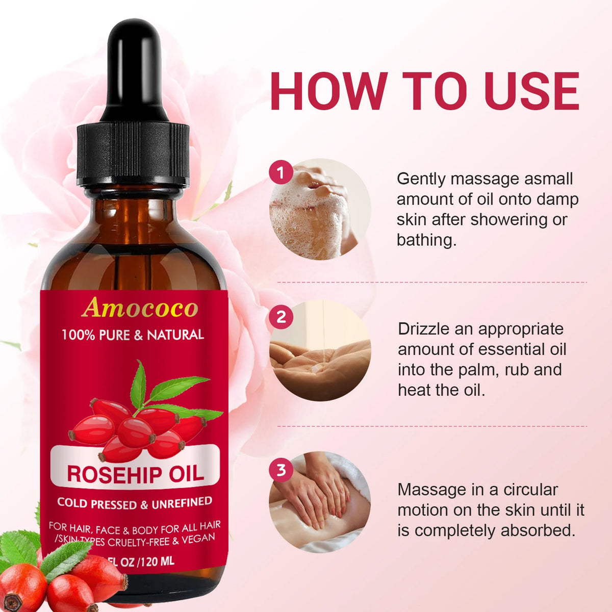 Amococo 2pcs Jojoba Oil and Rosehip Oil Natural Face Oil for Skin and Hair Cold Pressed Body Oil Moisturizing Care Lightweight Beauty Oil for All Skin Types Vegan Skin Care Oil 120ml Each - Curl and Collar