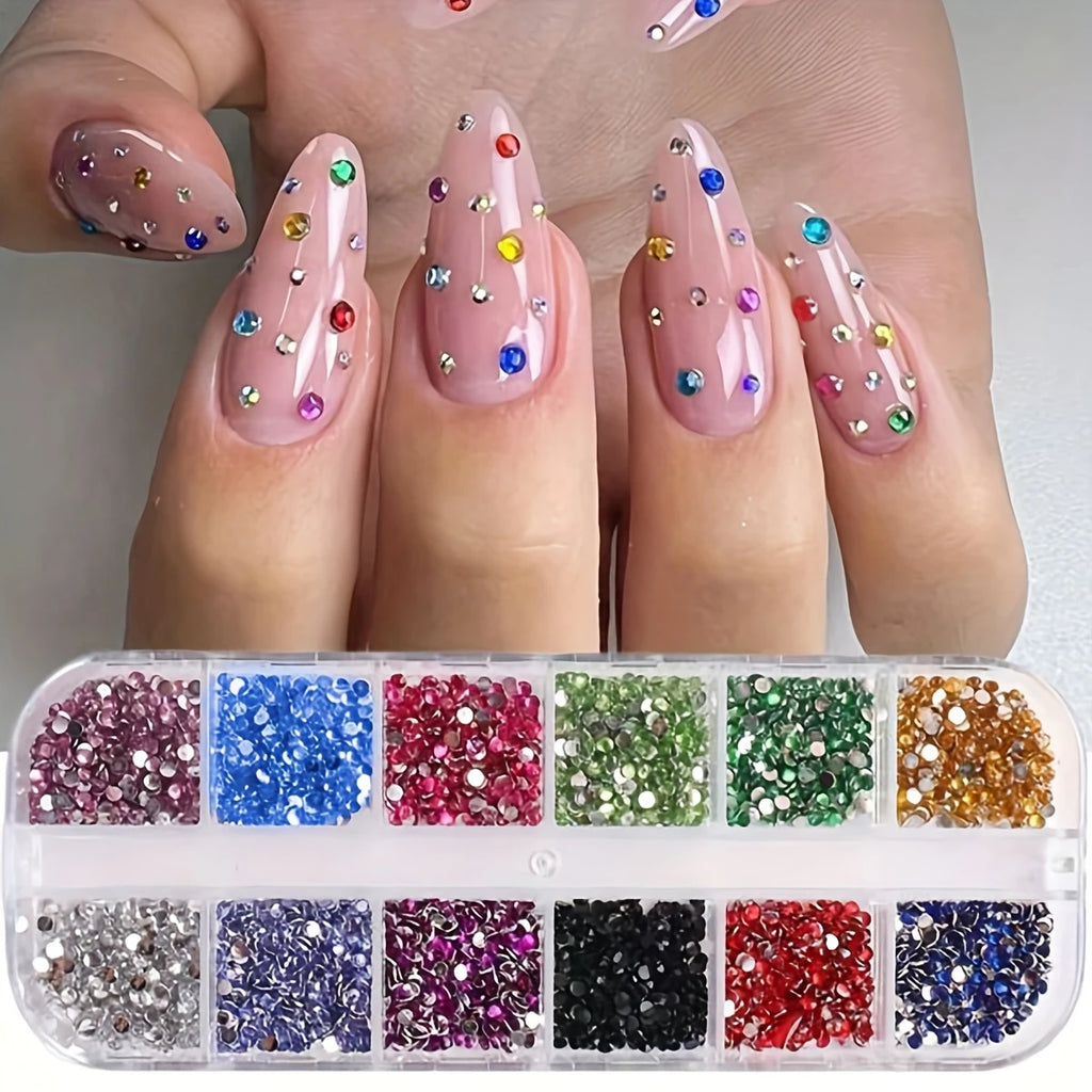 12 Grid Shimmering Crystal Nail Art Rhinestones - Flatback Gemstones for Versatile Decoration - Adorns Nails Shoes Makeup Bags - Curl and Collar