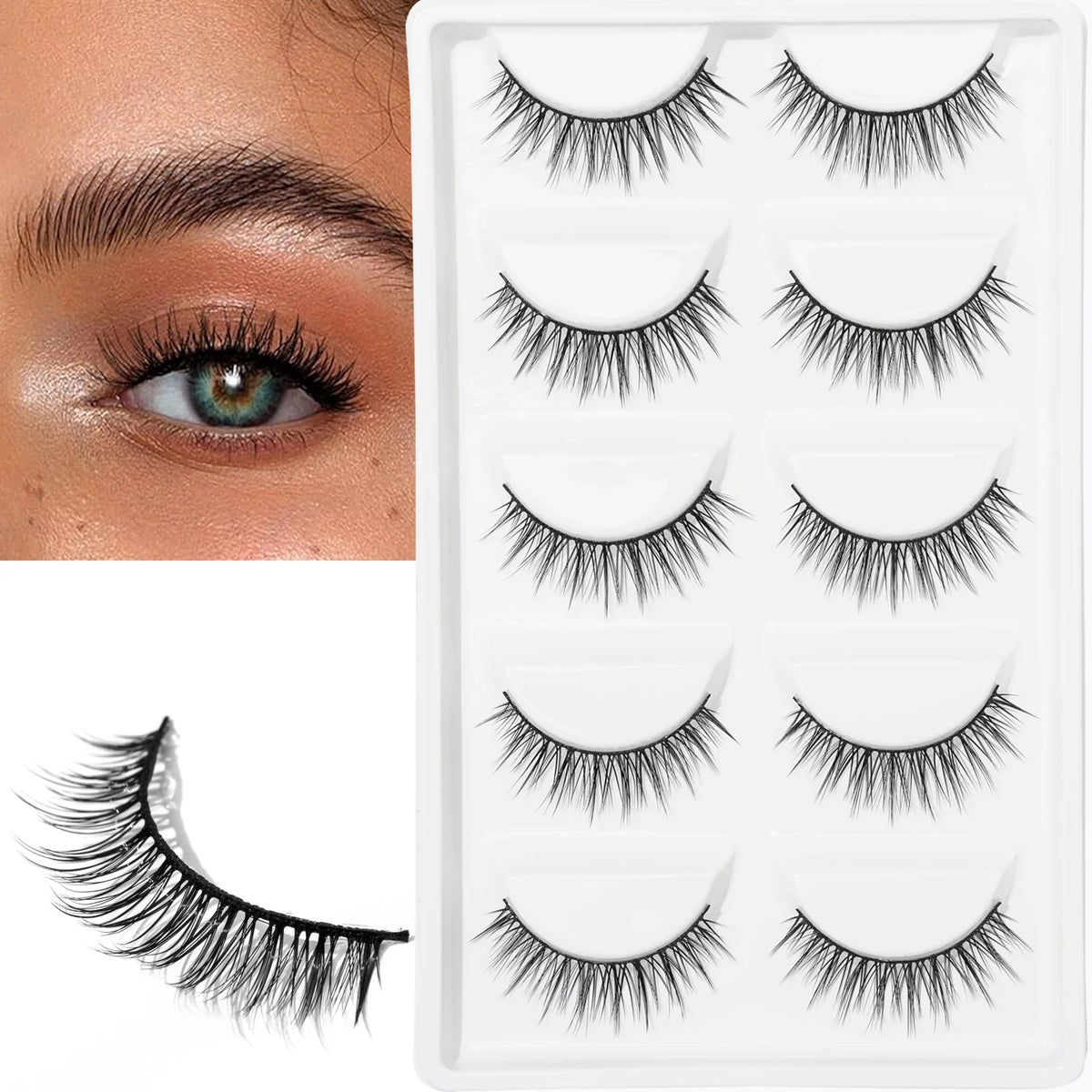 5 pair natural slender cross black terrier false eyelashes suitable for daily work date - Curl and Collar