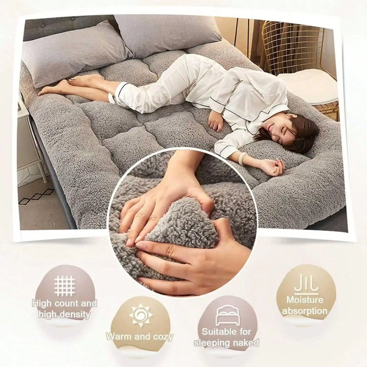 Japanese Futon Mattress, Extra Thick Fluffy Floor Futon Mattress, Super Soft Shaggy Roll Up Sleeping Pads, Portable Sleeping Mat, Sofa Mattress, Guest Bed - Curl and Collar