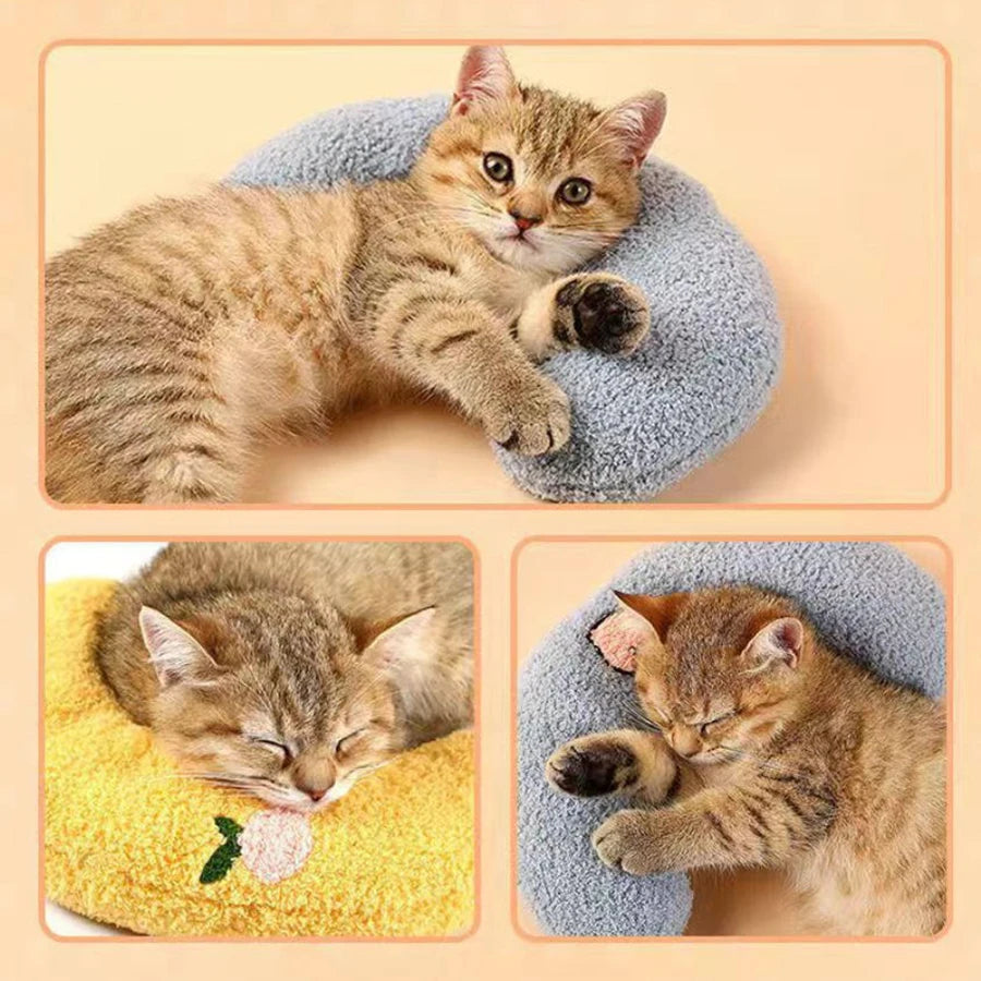 Cute Dogs Cats Little Pillows U-Shaped Neck Protector Pets Deep Sleep Pillow for Puppy Kitten Soft Fluffy Calming Toys Washable - Curl and Collar