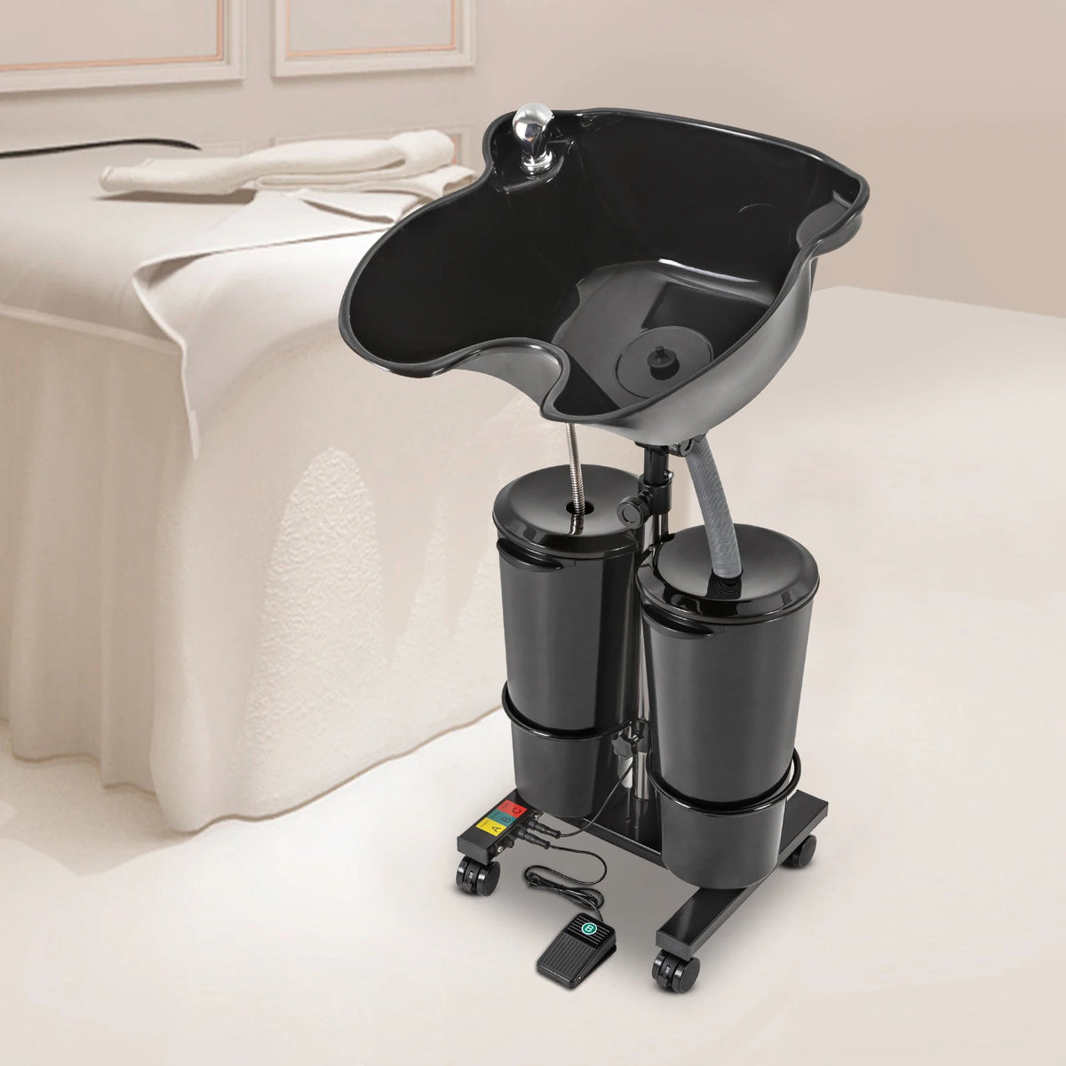 Portable Shampoo Basin with 2 Water Buckets, 30cm Deep Salon Hair Washing Sink, Adjustable Height Angle Mobile Shampoo Bowl Unit - Curl and Collar
