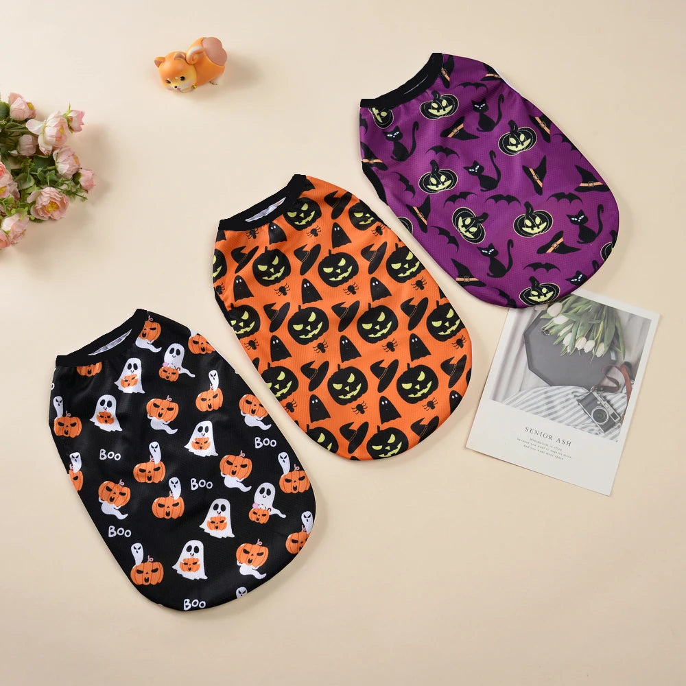 Halloween Pet Vest for Small Medium Dogs Cats Autumn Winter Costume Pumpkin Print Cosplay Outfit Chihuahua Pug French Bulldog - Curl and Collar