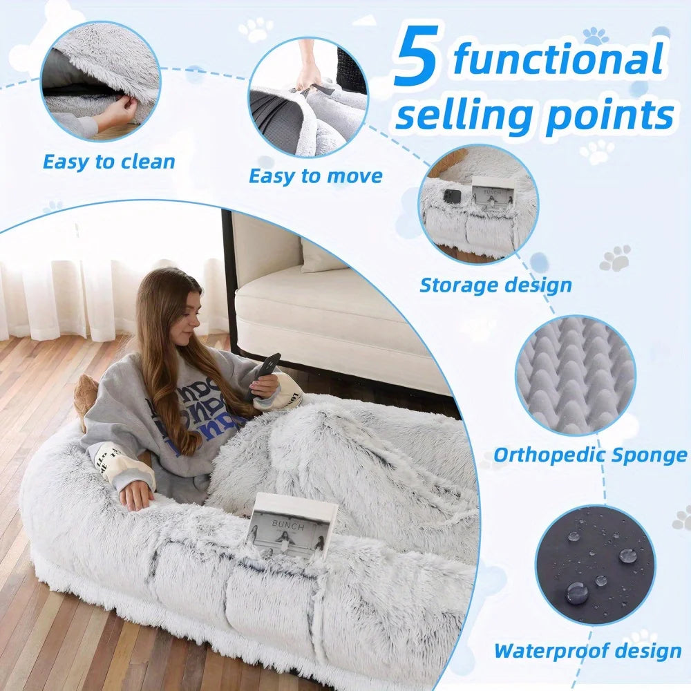 Human Dog Bed, Washable Faux Fur Dog Bed for People Doze Off, Napping Orthopedic Dog Bed, 71''x45''x14'' Size Fits You and Pets - Curl and Collar