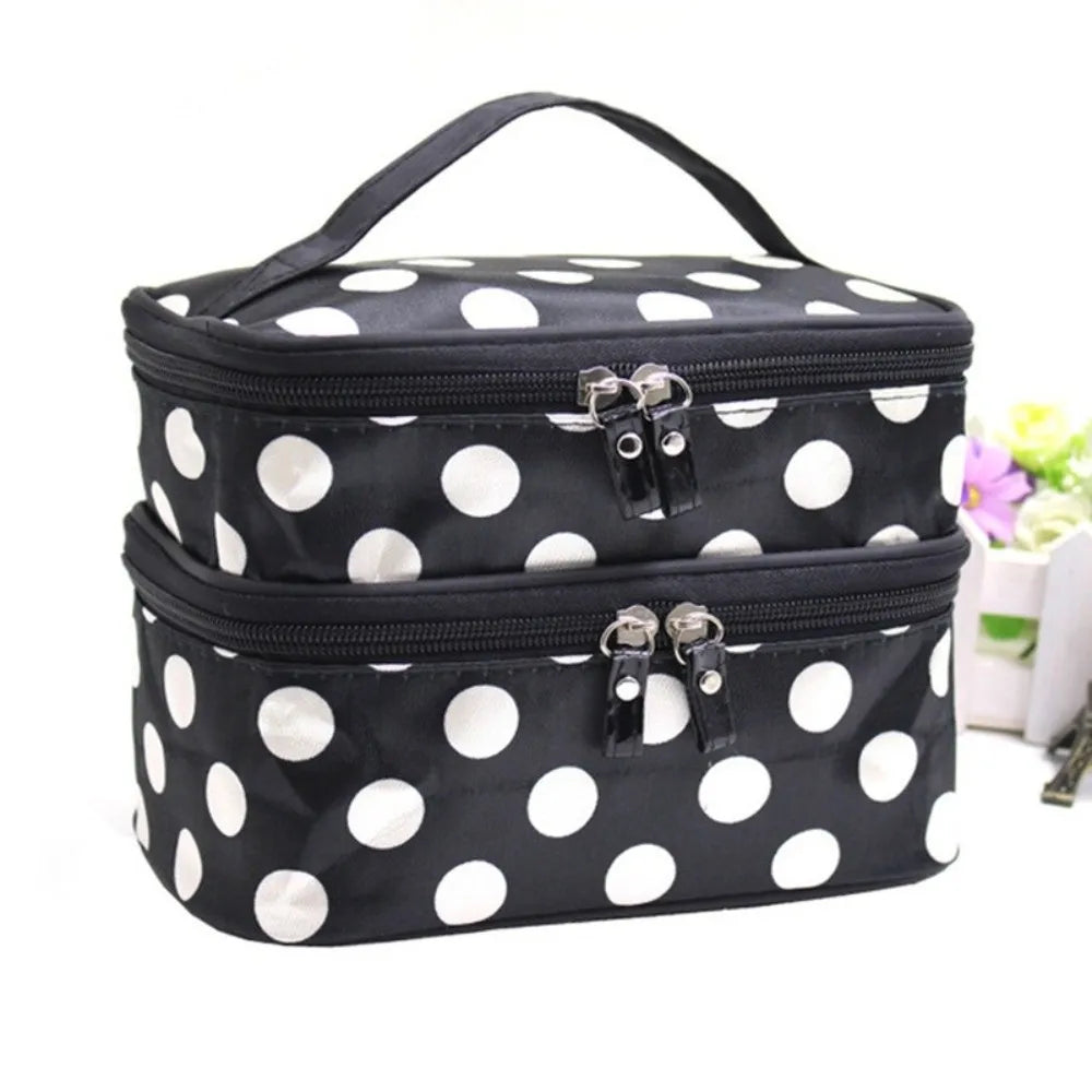 Fashion Double-layer Makeup Bag Polka Dots Portable Toiletry Bag Large Capacity Travel Makeup Case - Curl and Collar