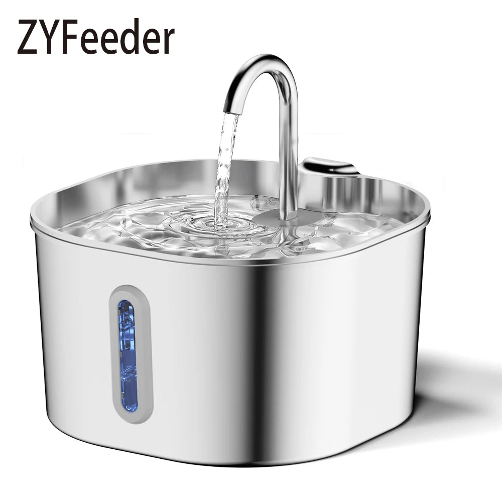 ZYFeeder 2.2L Automatic Cat Water Fountain Square Stainless Steel Pet Water Feeder Dog Water Fountain with window（No 5V 1A Plug） - Curl and Collar