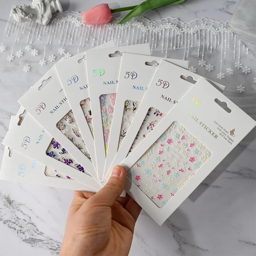 5D Pink Blue Floral Nail Art Stickers Petals Leaf Plant Embossed Nail Decals Spring Summer Flower Design for DIY Nail Supplies - Curl and Collar