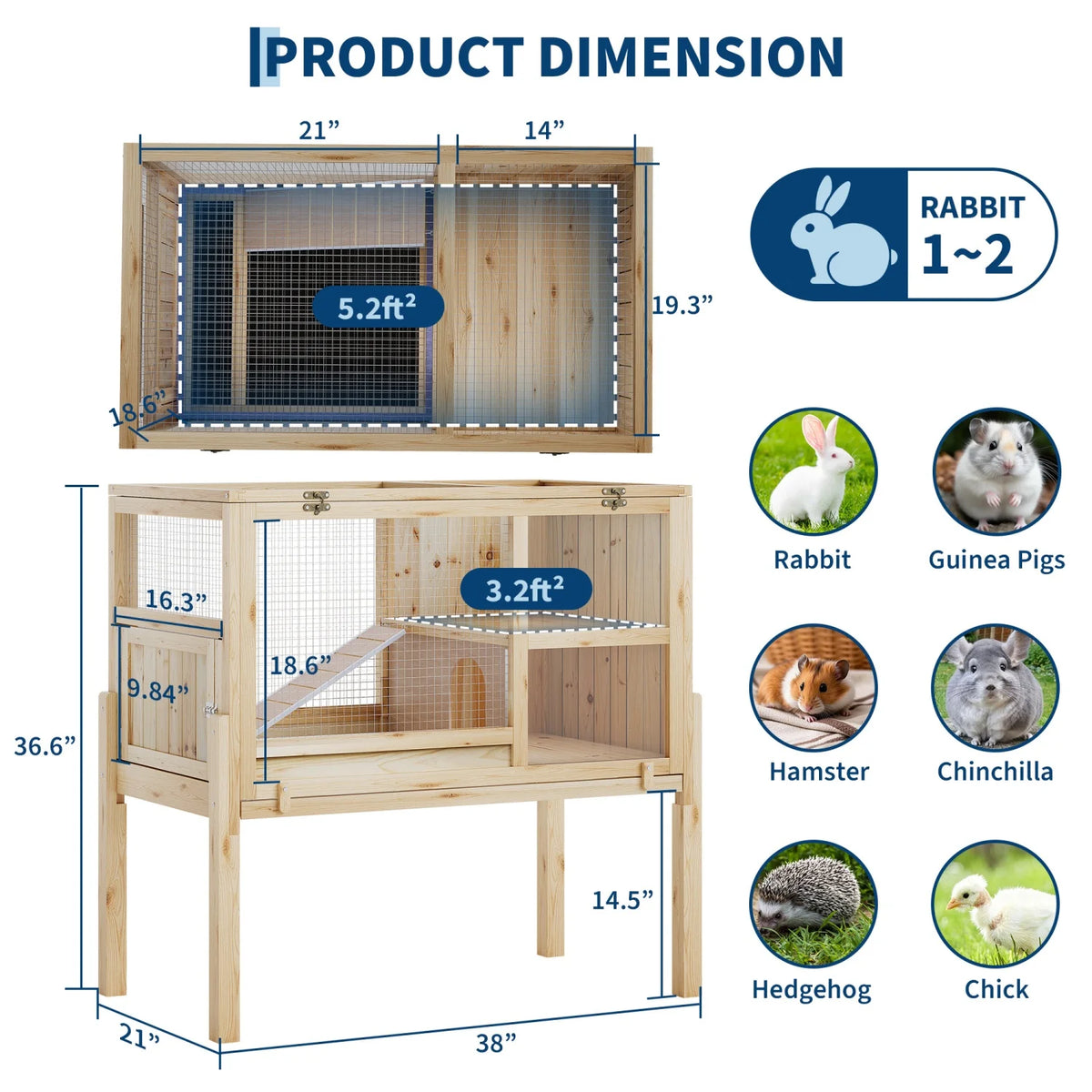 Wooden Guinea Pig Cage Indoor with Stand, 38" 2-Story Rabbit Hutch w/Ramp & Hideout, Clear Vision, Leak-Proof Pull-Out Tray, Lockable Door, Bunny Hamster Habitat - Curl and Collar