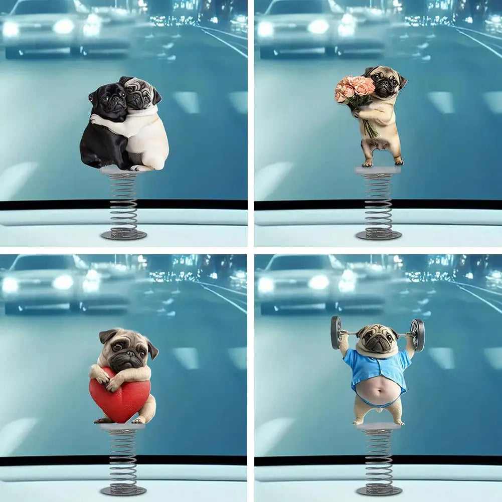 1Pcs Cute 2D Pug Car Ornaments Kawaii Reading Dog Car Panel Dashboard Spring Toys Decor Creative Accessories Gift - Curl and Collar