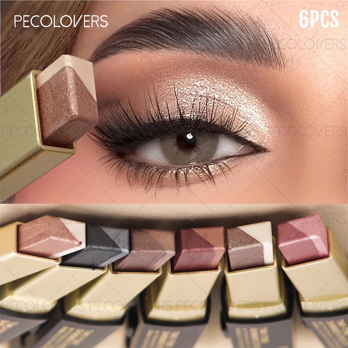 6PCS/Set Two-color Push-pull Eye Shadow Stick, Eye Highlight, Lazy Eye Shadow, Two-color Stacking, Waterproof and Sweat-proof, Eye Cosmetics - Curl and Collar